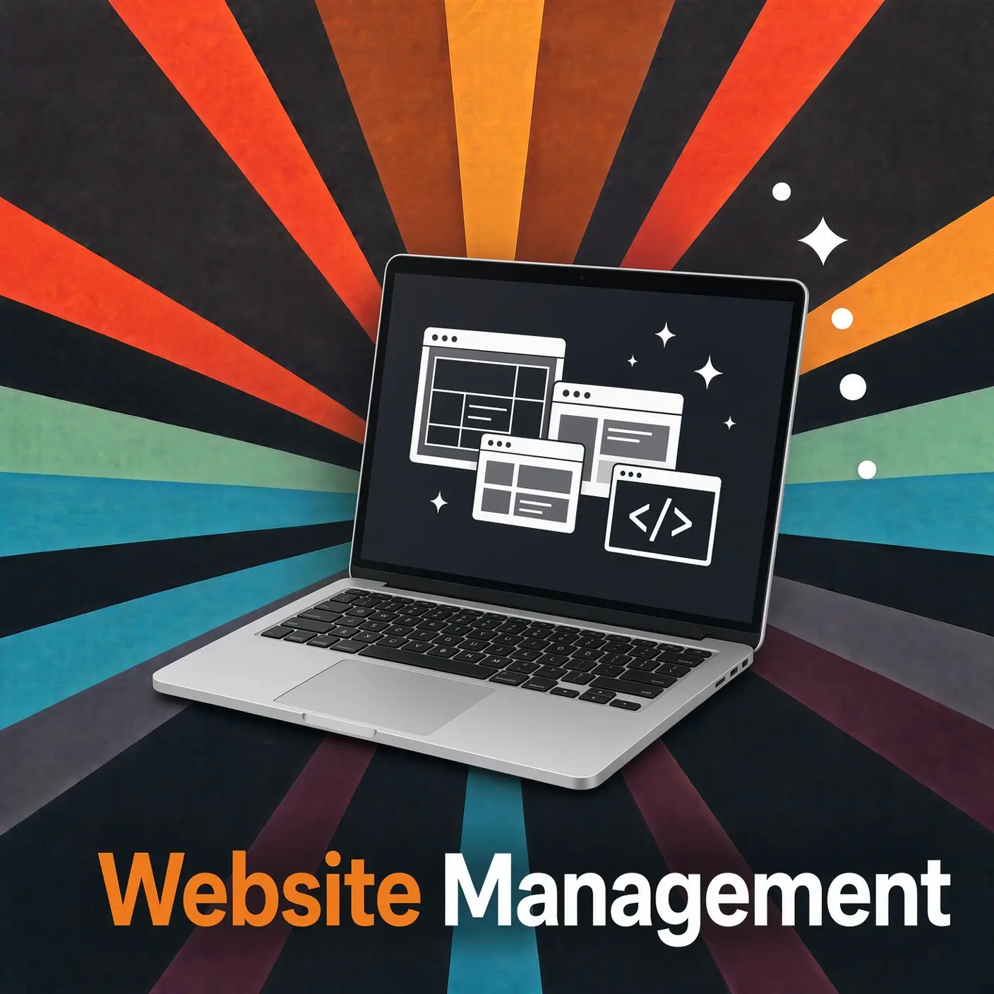 Website management — a laptop showing page layouts and code