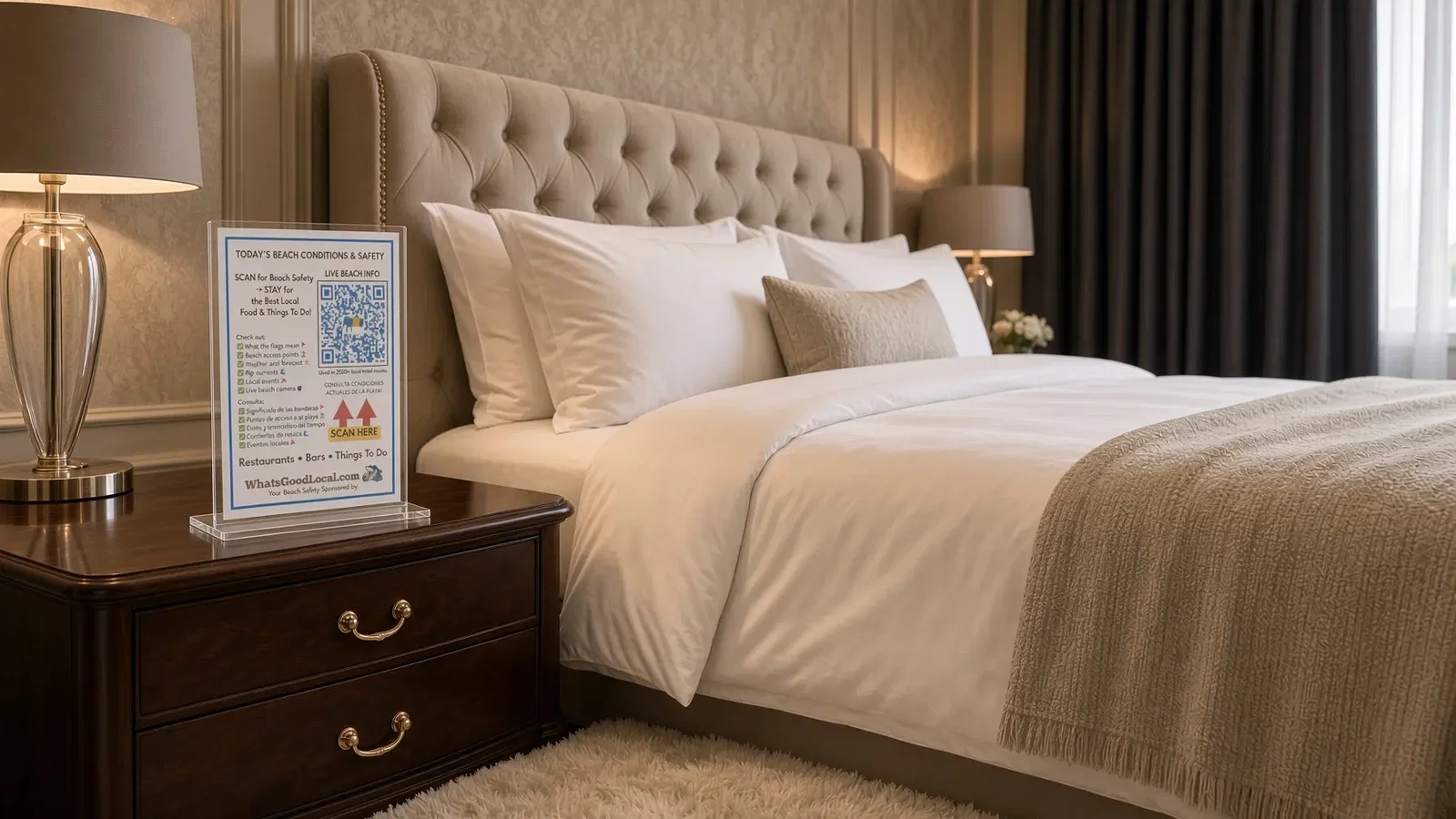 A What's Good Local beach conditions QR code card beside a hotel room bed